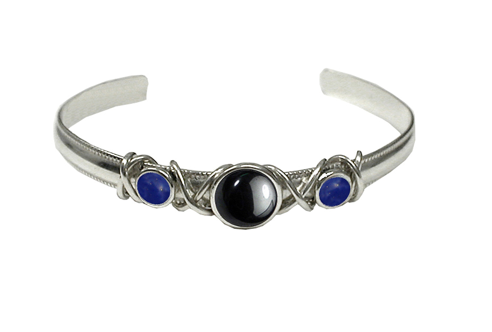 Sterling Silver Hand Made Cuff Bracelet With Hematite And Lapis Lazuli